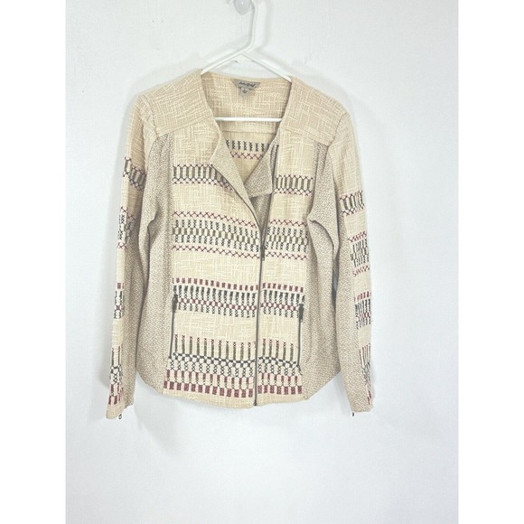 Lucky Brand Womens Size Large Cream Woven Zip Up Jacquard Southwest Moto Jacket - Picture 2 of 7